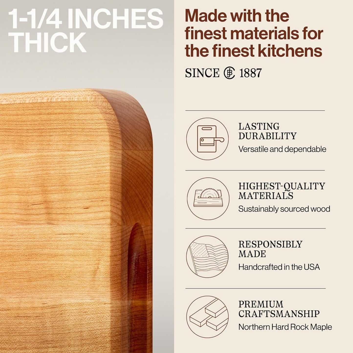 Chop-N-Slice Series Rectangular Wooden Maple Cutting Board 18”X12” – 1.25” Thick, 8-Lb Reversible Butcher Block with Eased Corners, Edge-Grain & Finger Grips – Made in the USA