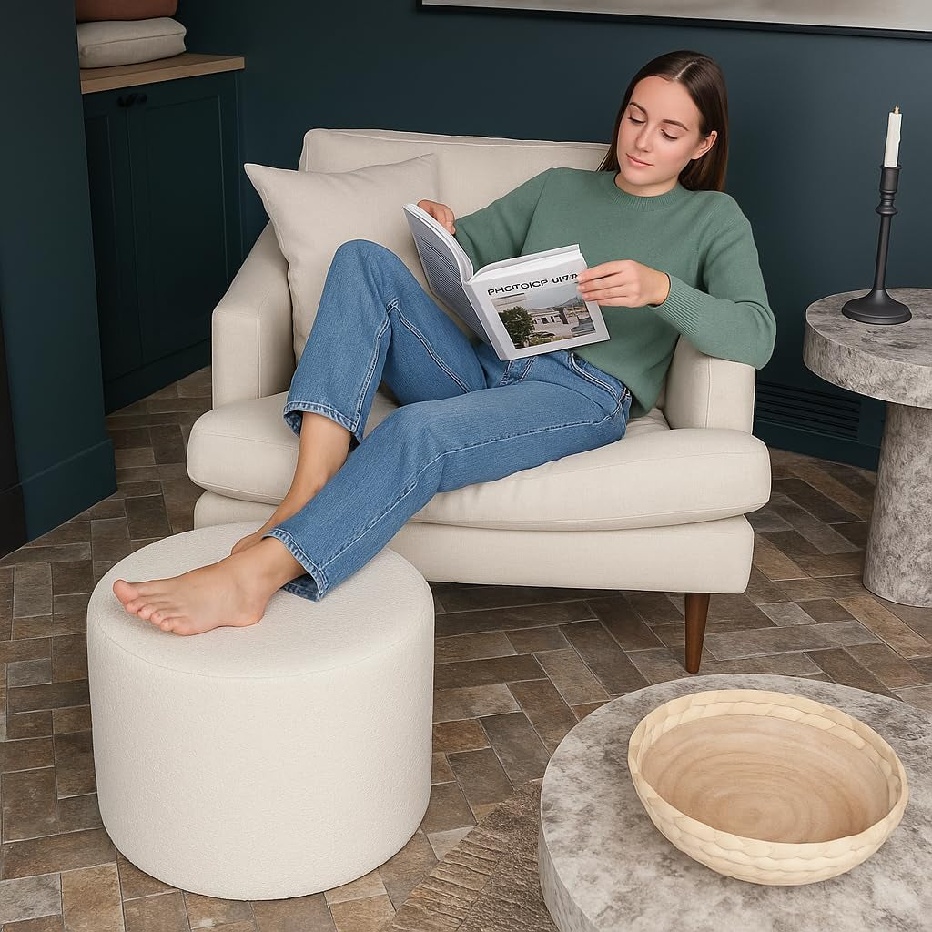 Round Pouf Ottoman and Foot Rest, Soft Boucle Footstool Ottomans for Living Room, Comfort Sponge Stuffed Poofs for Couch Desk Resting Your Feet, White(17.1" D X 17.1" W X 14" H)