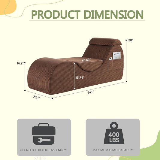 Yoga Chair Lounge for Adult, Ergonomic Chaise Lounge Chair with Side Pocket, Headrest, Waist Pad, Perfect for Stretching, Massage, and Relaxation, Used in Living Room, Bedroom(Brown)