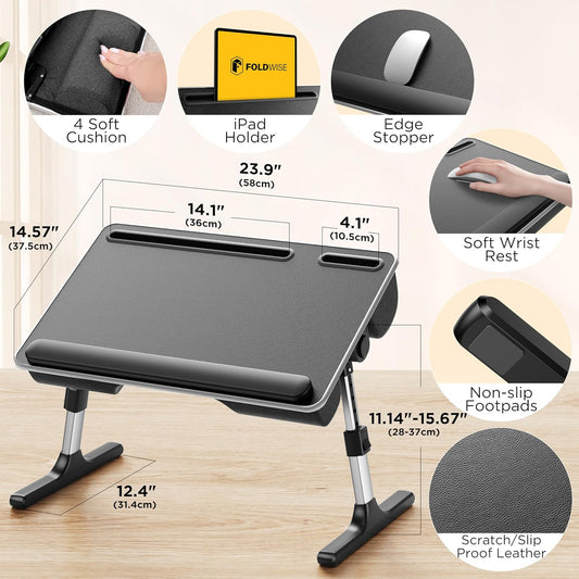 2-In-1 Lap & Bed Desk with Soft Cushions - Adjustable Height & Angle, Foldable Laptop Stand for Bed & Couch - Wrist Rest, Ipad Holder, Stopper & Non-Slip Leather - Bed Table for Adults & Kids