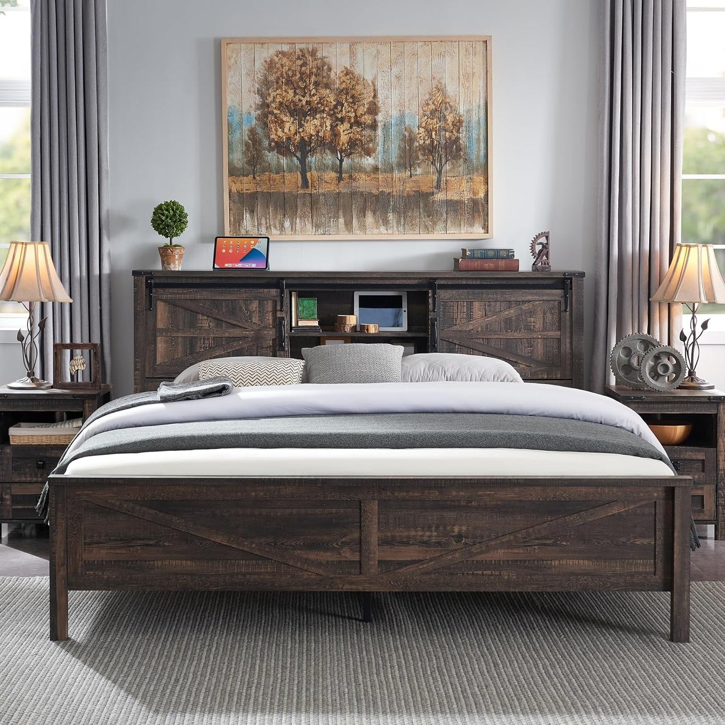 Farmhouse Queen Size Bed Frame W/Storage Bookcase Headboard, Sliding Barn Door, Charging Station, Rustic Wood Platform Bed W/Wood Slats Support, No Box Spring Needed, Dark Rustic Oak