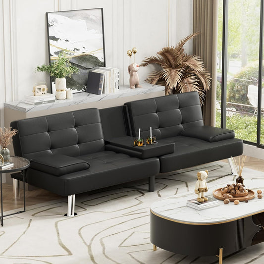 Faux Leather Futon Sofa Bed Futon Couch with Removable Armrests Adjustable Sleeper Sofa Bed with 2 Cup Holders for Living Room (PU Leather, Black)