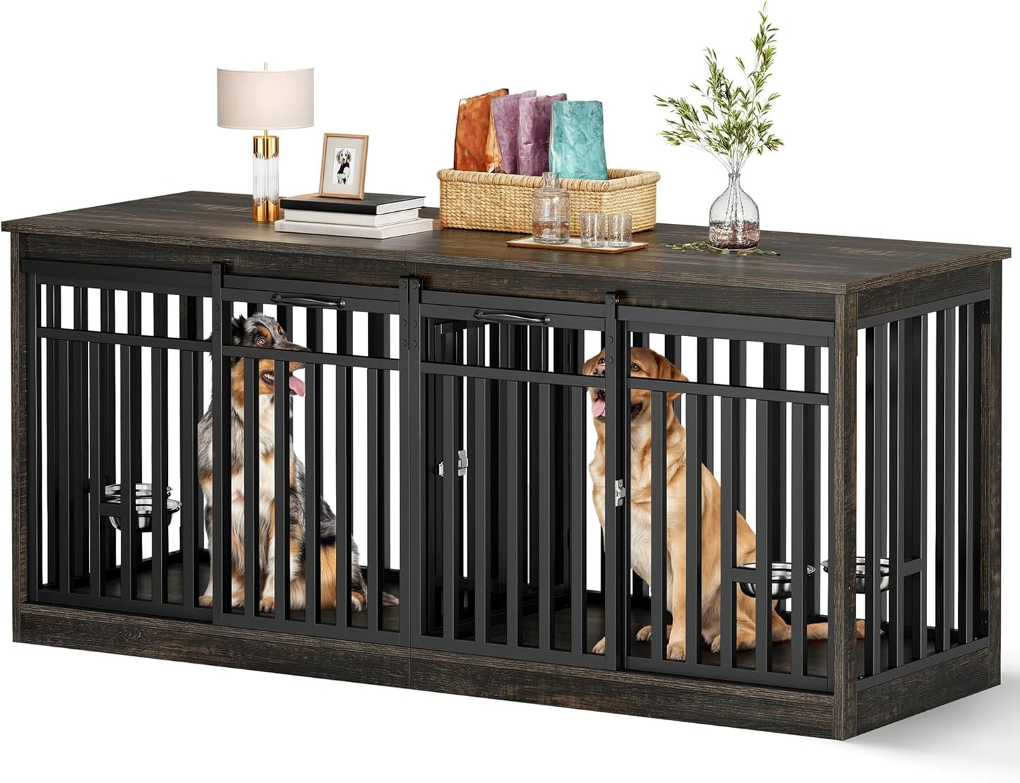 71" Double Dog Crate Furniture for 2 Medium Dogs, Heavy Duty Metal Dual Dog Kennel TV Stand with Sliding Doors, Wooden Two Dog Cage Table with Dog Bowl for Extra Large Dogs Black Oak