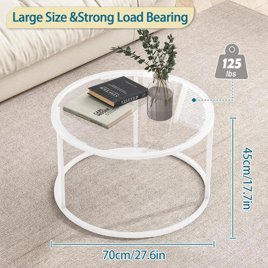 Round Glass Coffee Table for Living Room,Minimalist Modern Center Table with Metal Frame for Small Space,Easy Assembly,27 X 27In, White