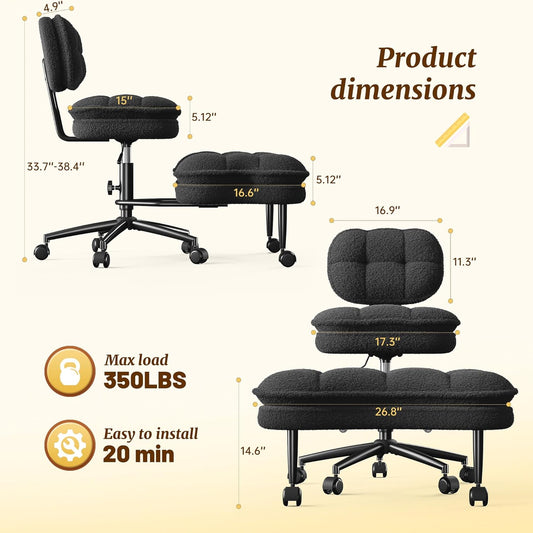 Criss Cross Chair, Ergonomic Office Chair with Wheels & Backrest, Cross Legged Office Chair with Foot Rest for ADHD, Height Adjustable, Thicken Cushion, Teddy Fabric, Black