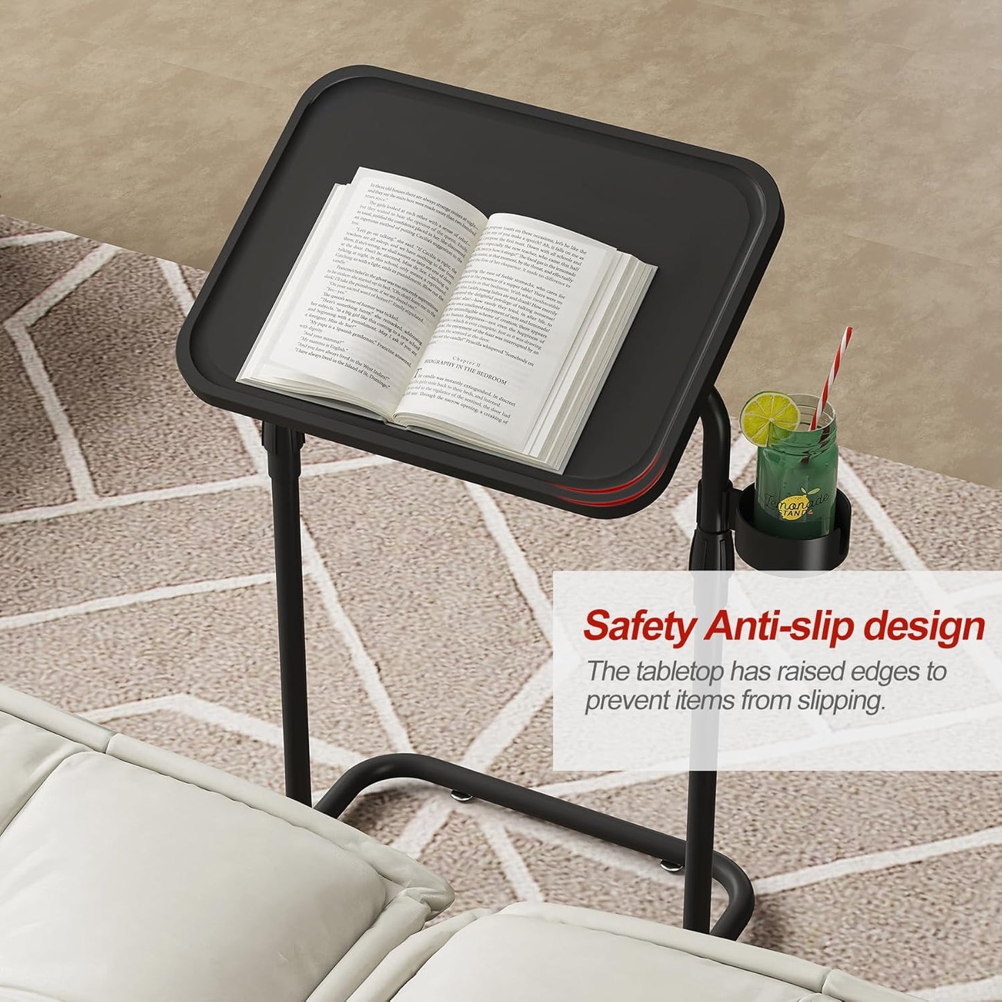 C Shaped End Table with Tiltable Surface, Adjustable Height Side Table, Slide under Couch Table TV Tray for Eating, Sofa Tray for Livingroom, Bedroom White TB01BW091