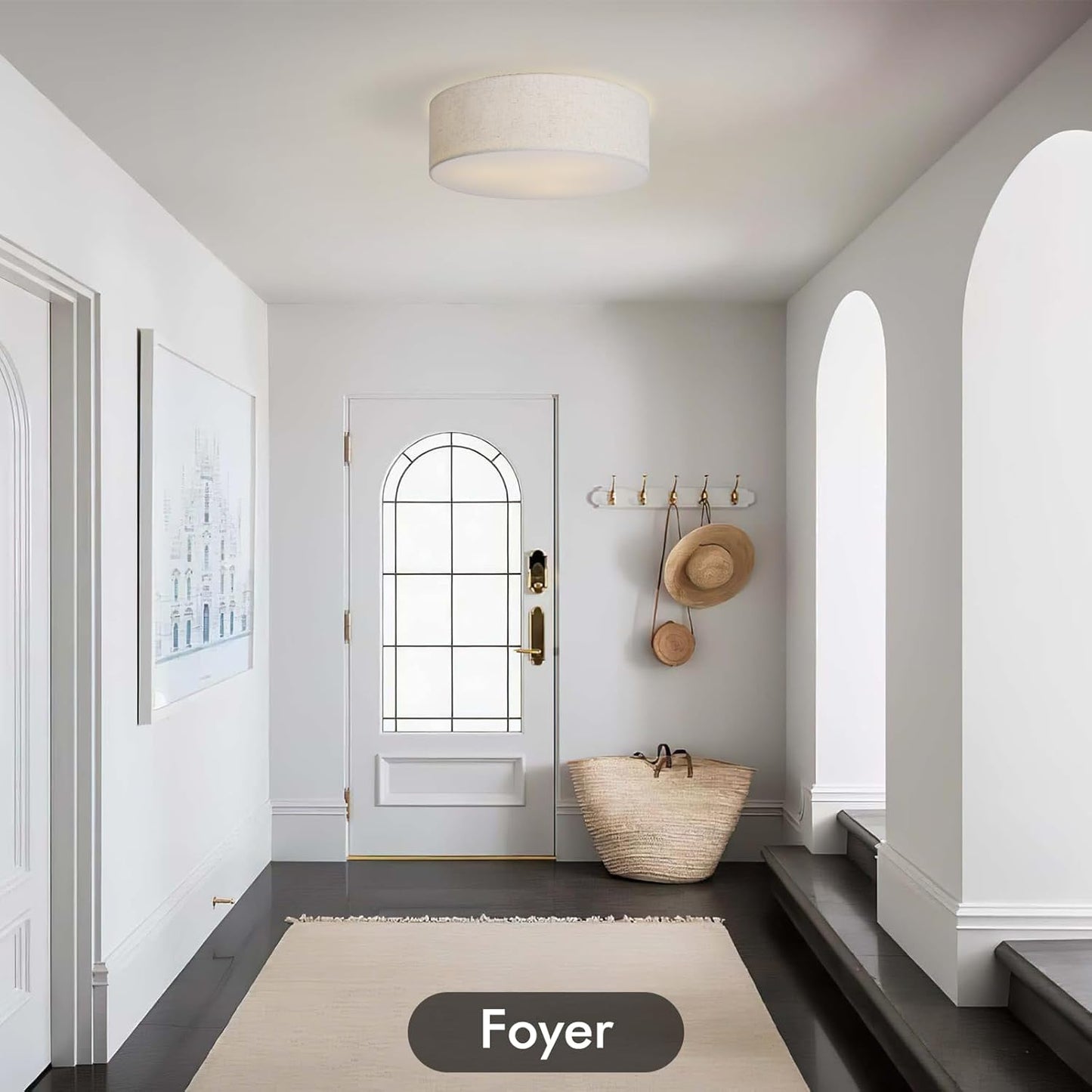 18-Inch Large Flush Mount Ceiling Light Fixture with Fabric Shade, Modern Drum Closed to Ceiling Lighting for Living Dining Room, Bedroom, Kitchen, Foyer - Farmhouse 3-Light Lamp & Chandelier