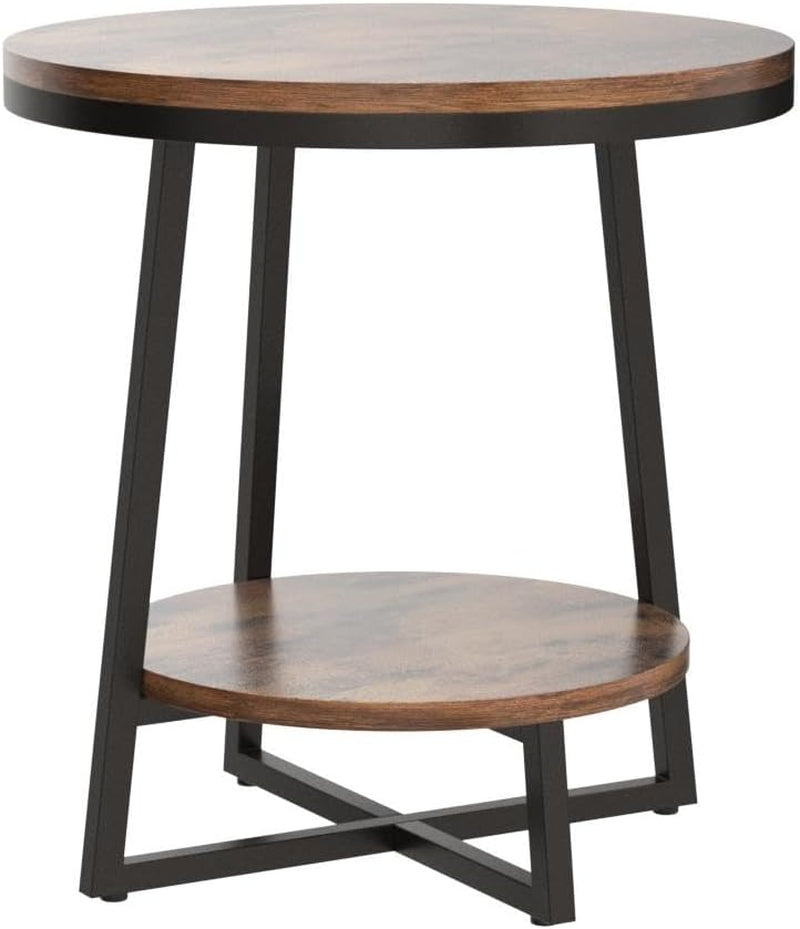 End Table, 2 Tier round Side Table with Storage Shelf, Industrial Nightstand Bedside Table Coffee Accent Table for Living Room Bedroom Small Space, Rustic Brown