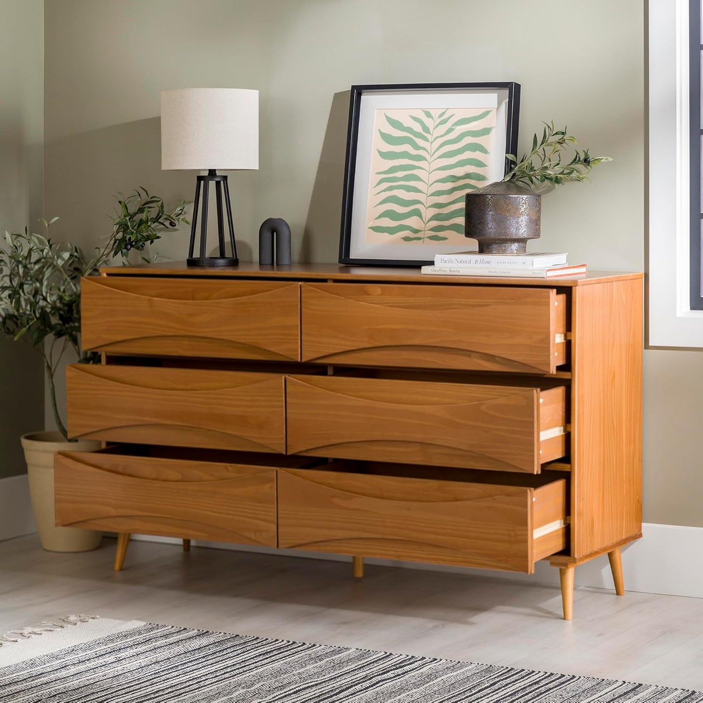 Atticus Mid-Century Modern Detailed-Drawer Solid Wood Dresser, 59 Inch, Caramel