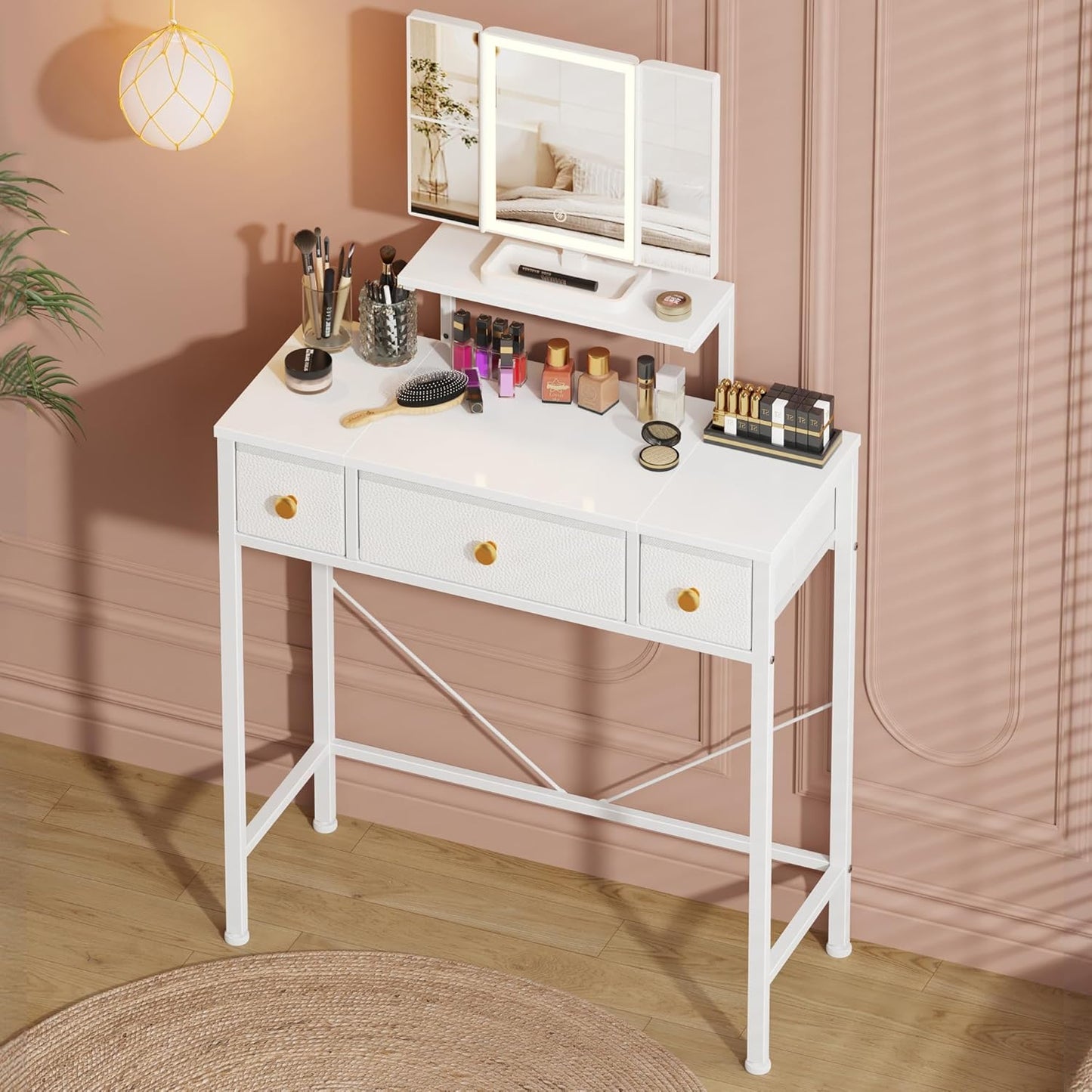 Small Makeup Vanity Desk with 3 Fabric Drawers, Vanity Table 11.8" D X 27.5" W with Mirror and Lights and Height-Adjustable Stand, Vanity for Girls Gifts, Bedroom and Small Spaces, White