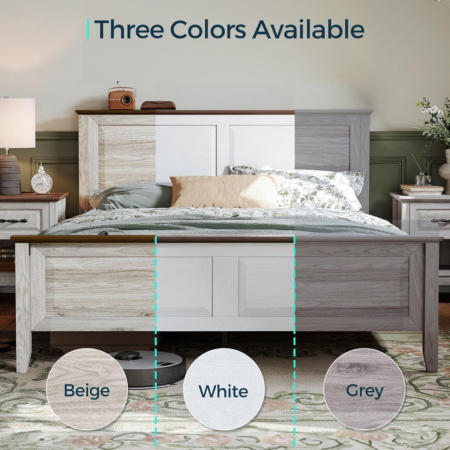 Farmhouse Bed Frame, Full Bedframe with Headboard and Footboard, Wooden Bed Frame with Solid Wood Slats, Rustic White Platform Bed Frames Full Size, No Box Spring Needed