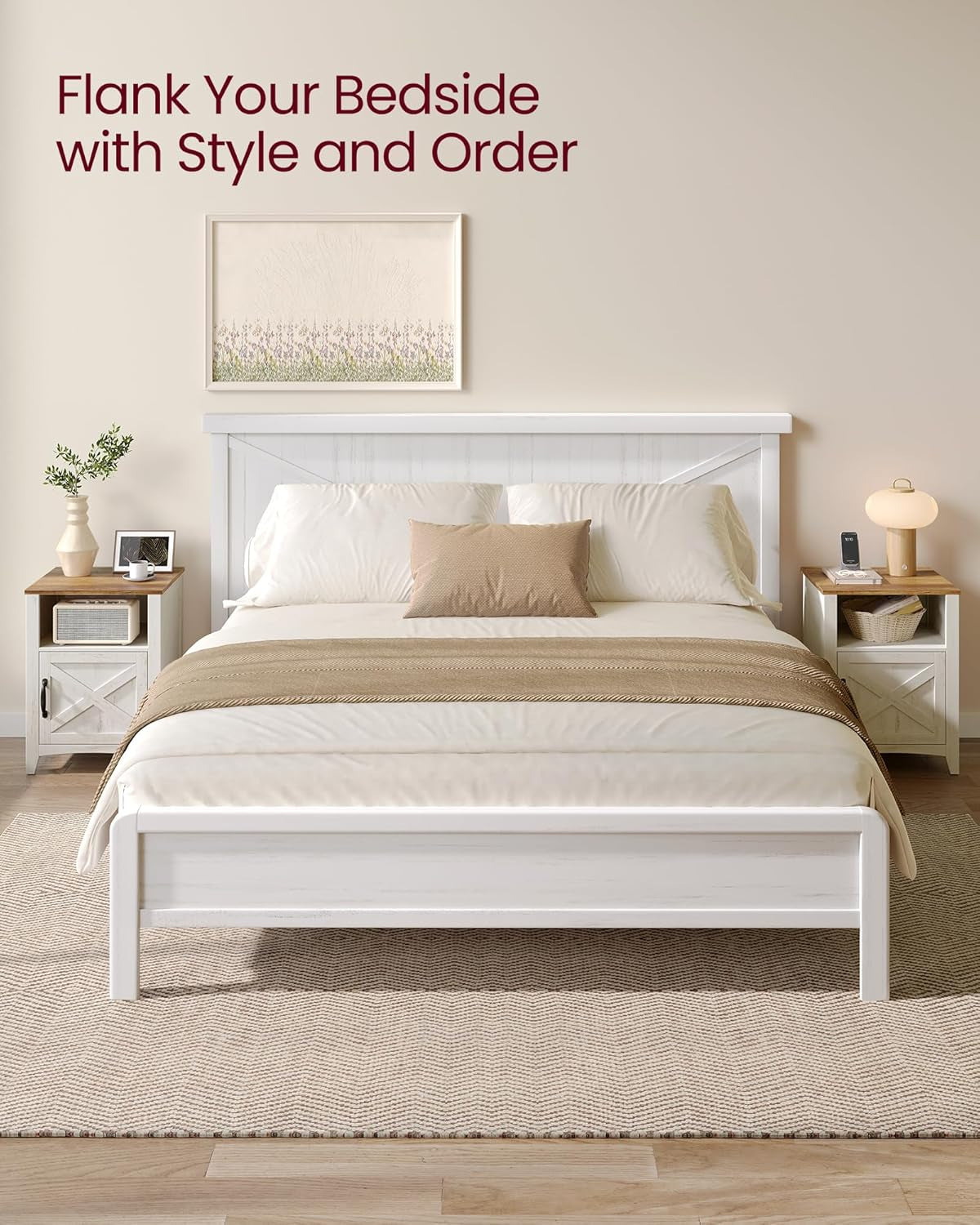LIRY Collection - Farmhouse Nightstand with Barn Door, Set of 2, Bedside Table with Storage, Side End Table, Night Stand, Open Compartment, for Bedroom, Rustic White and Honey Brown ULET809K41