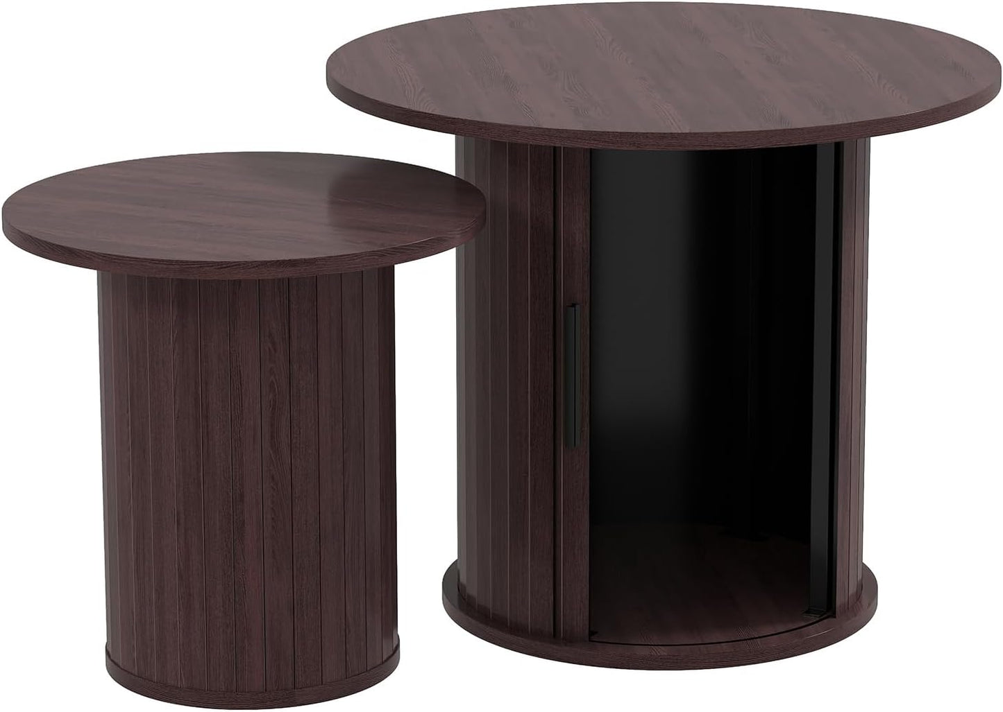 Nesting Coffee Table Set of 2 with Hidden Storage & Sliding Door, Circle Wood Coffee Table, Farmhouse Side & End Table Sets for Living Room, Small Spaces, Walnut