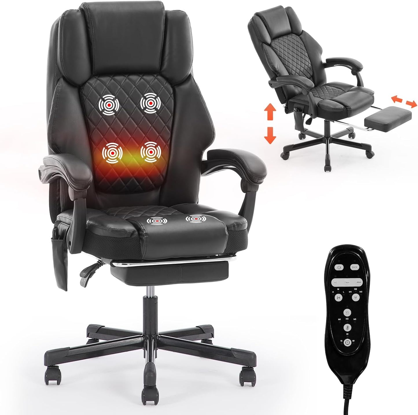 Massage Office Chair with Heat 6 Vibration Points,Big and Tall Office Chair 400 Lbs,Leather High Back Executive Office Desk Chair with Footrest,Comfortable Ergonomic Reclining Managerial Chair, Black