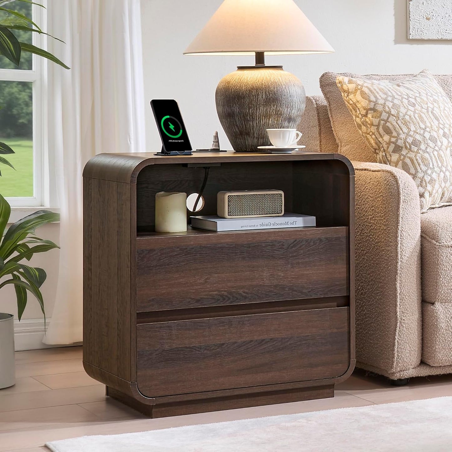White Nightstand Set of 2 with Charging Station, 23.2" Wide Wood Bedside Table, Modern End Table with 2 Storage Drawers, Curved Profile, Handleless, Mid Century Night Stand for Bedroom