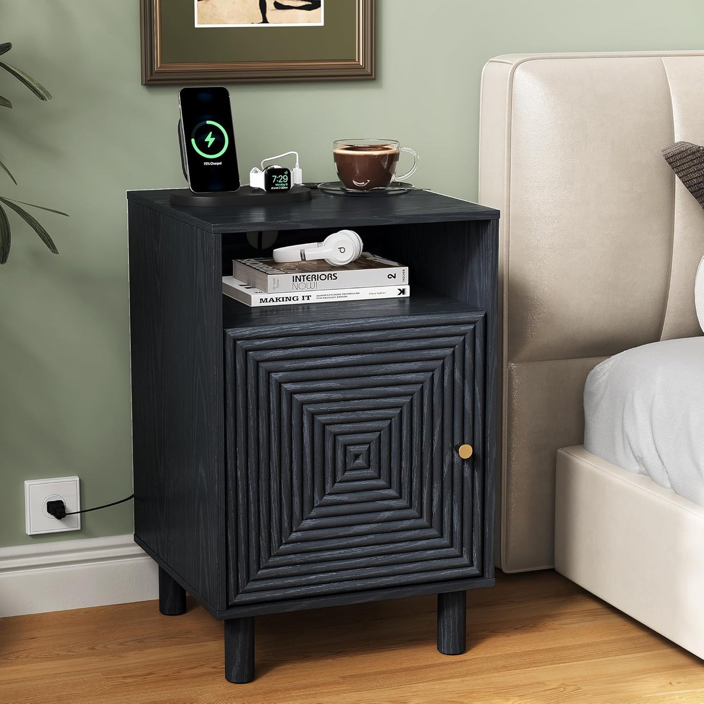 Nightstand Set of 2, Modern Side Table with Charging Station, Accent End Table with Solid Wood Legs, Bedside Table for Bedroom, Entryway, Black