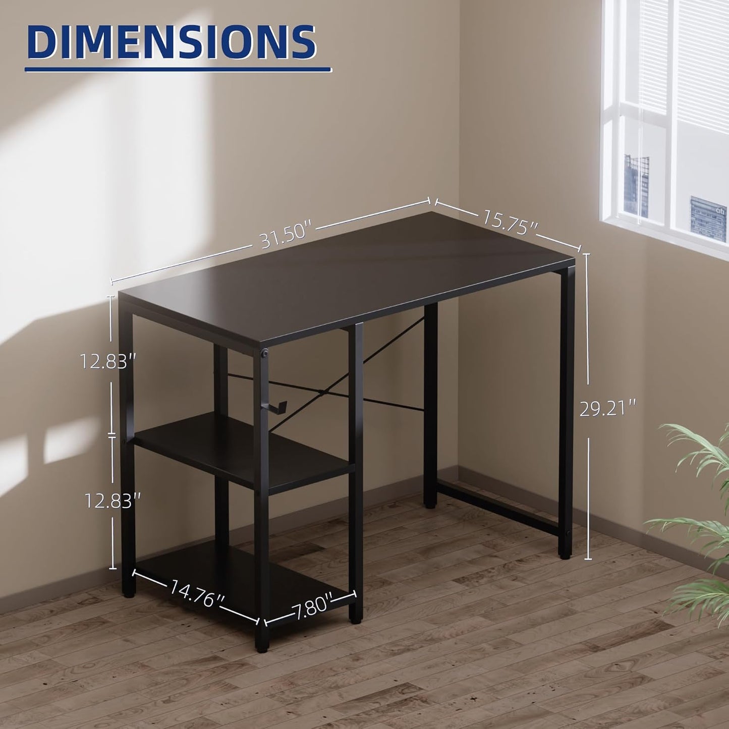 32 Inch Small Computer Desk with Shelves, Home Office Desk with Headphone Hook for Bedroom, Study Writing PC Table for Small Spaces, Black