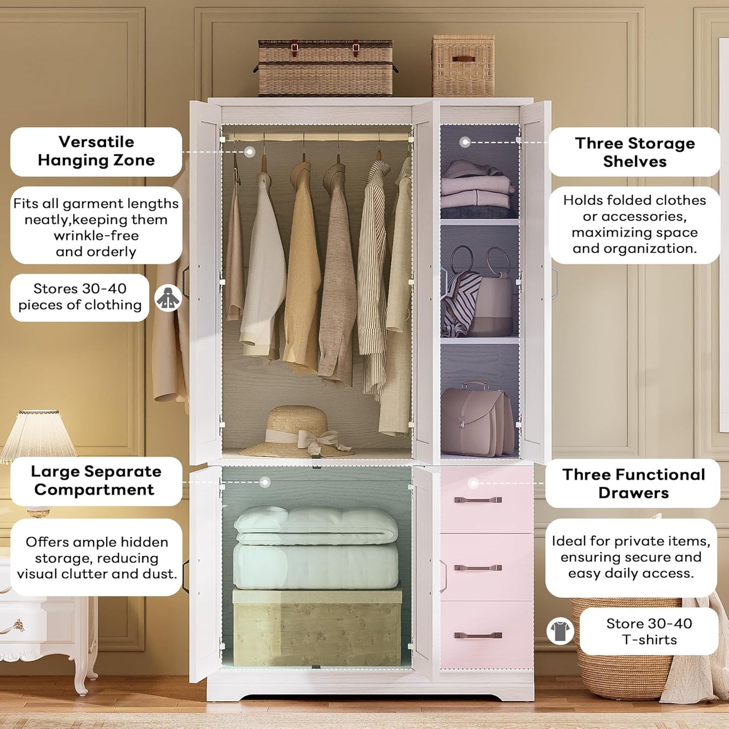 Wardrobe Closet with 5 Cabinet Doors and 3 Drawers, Large-Capacity Deep Armoire for Bedroom with 3 Side Hooks, Hanging Rod and anti - Tip Kit, White