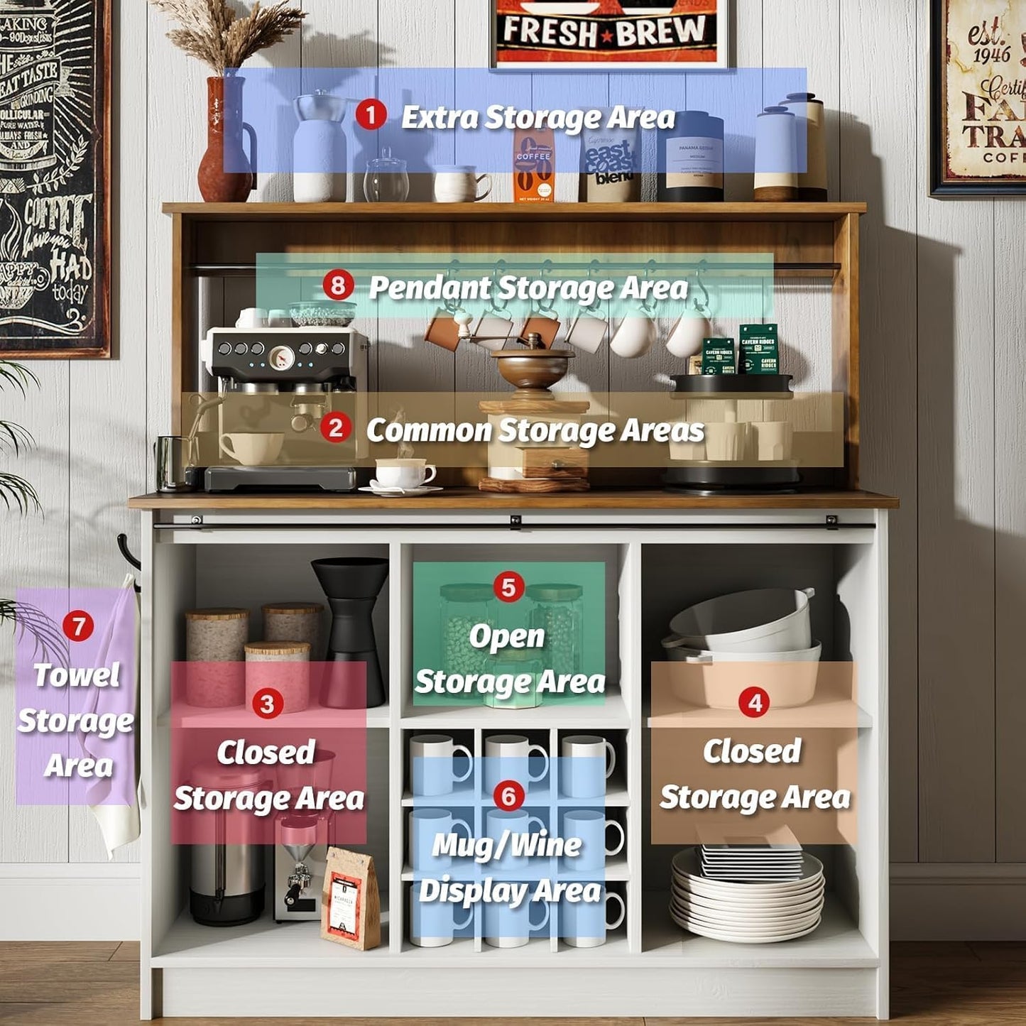 Farmhouse Coffee Bar Cabinet with Hutch, 47 Inch Buffet Cabinet with Storage, White Wine Bar with 9 Wine Racks and 6 Hooks, Coffee Bar Table with Adjustable Shelves for Living Dining Room