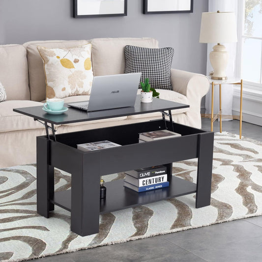 39.4" Lift Top Coffee Table with Hidden Compartment and Storage Shelf Wooden Lift Tabletop for Home Living Room Reception Room Office (Black)