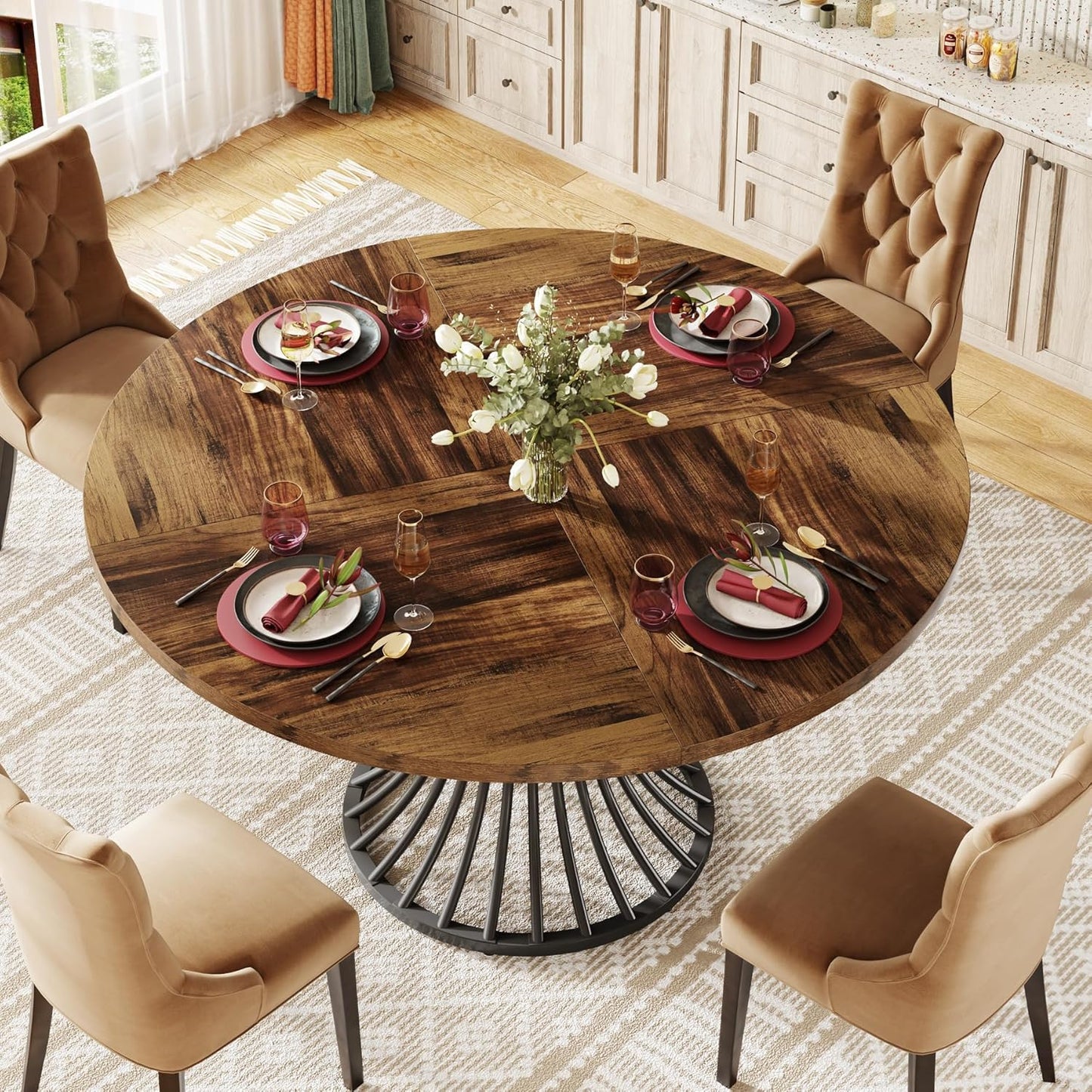 round Dining Table for 4-6 People, 47-Inch Farmhouse Dinning Room Circle Kitchen Table, Industrial Dinner Table with Metal Base for Kitchen, Living Room, Black and Brown