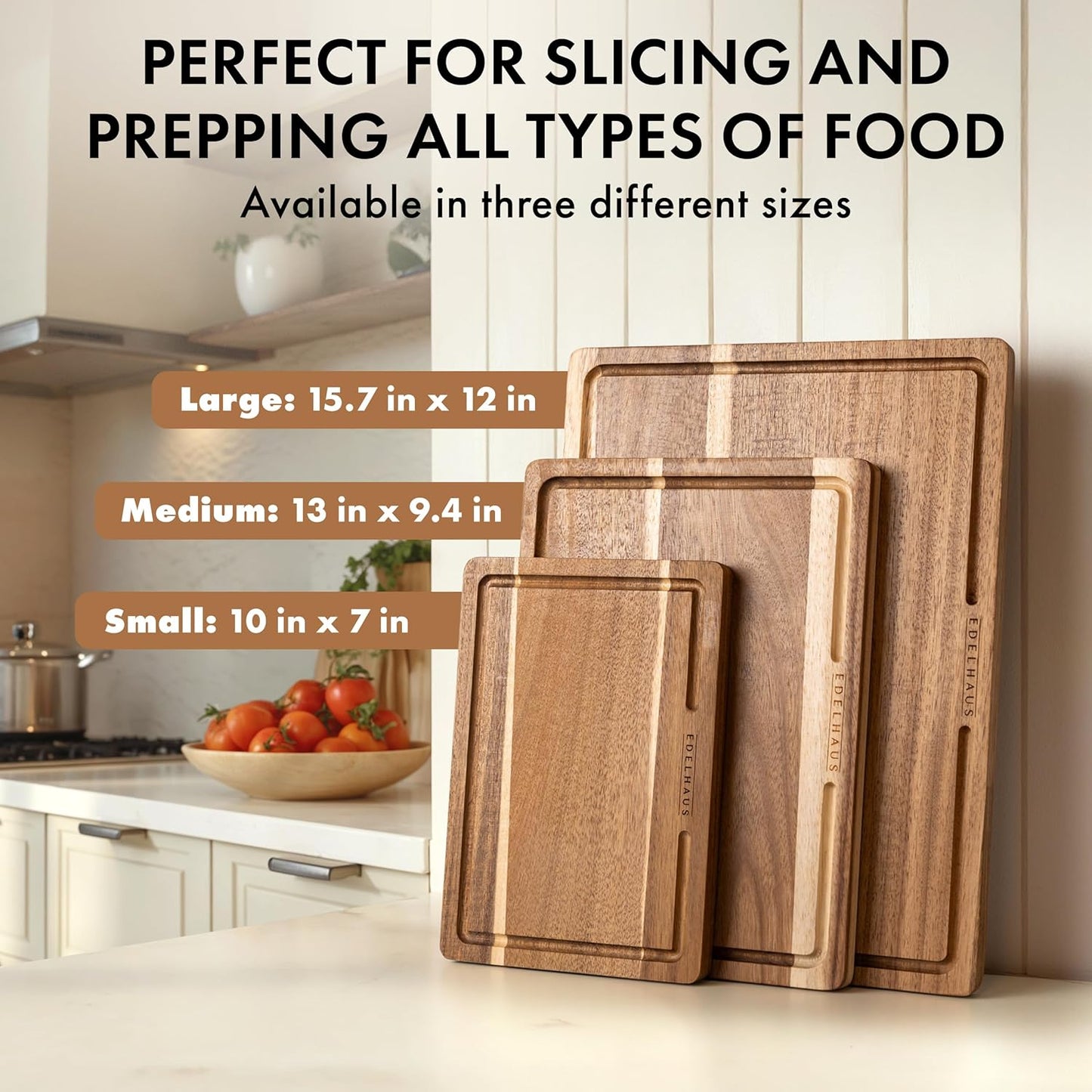 Acacia Wood Cutting Board for Kitchen, Non-Toxic Cutting Board Set of 3, Chopping Boards with Deep Juice Groove for Meat, Cheese & Vegetables - Durable & Double Sided with Serving Compartments