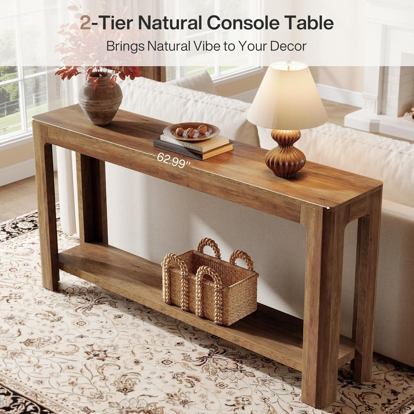 63 Inch Entryway Console Table, 2-Tier Farmhouse Narrow Sofa Table behind Couch, Accent Entrance Console Furniture for Entryway, Foyer, Hallway, Rustic Brown