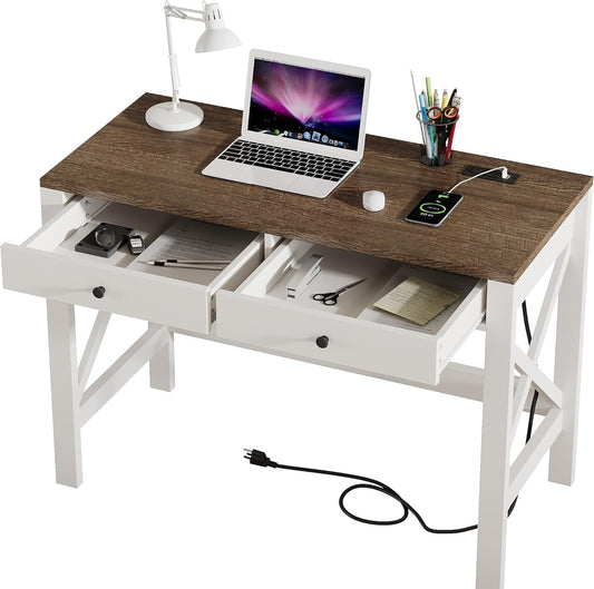 Farmhouse Desk with USB Charging Ports and Power Outlets, 39" Computer Desk with Drawers, Small Study Writing Table with Stable X Frame for Home Office