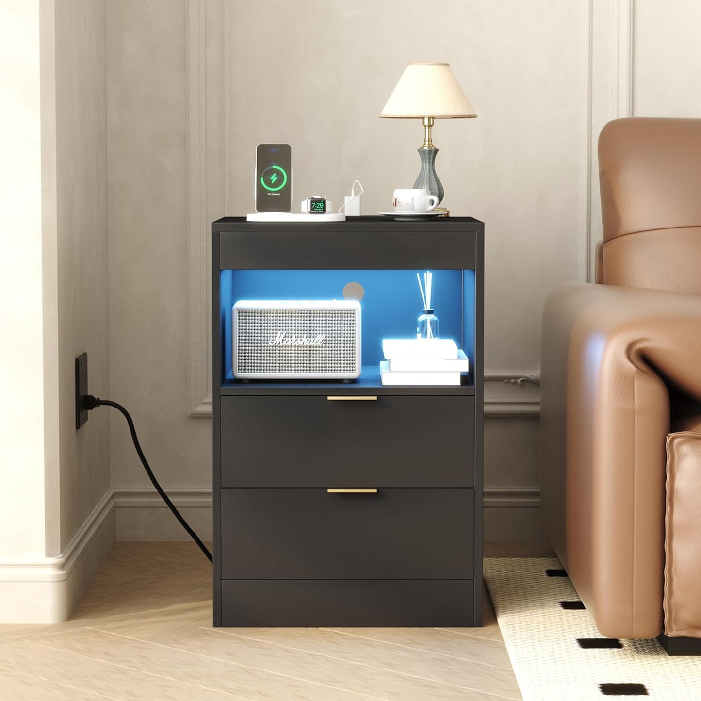 Night Stand, Bedside Table, LED Nightstand with Charging Station, Modern Night Stand, Wood Sofa Couch End Side Table with 2 Pull-Out Shelf (Black)