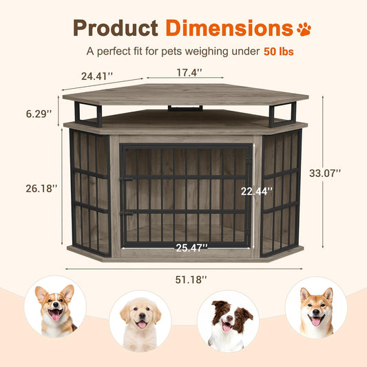 Corner Dog Crate Furniture with 2-Tier ShelvesοΌ51" Large Dog Kennel Indoor Wooden TV Stand, Modern Dog Cage Decorative Pet House