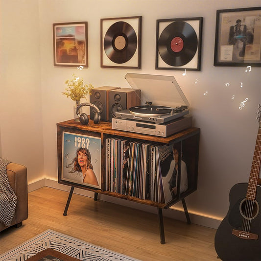 Flip Top Record Player Stand, Large Record Player Table with Open Storage Holds up to 150+ Albums, Mid Century Turntable Stand, Stereo Cabinet for Speakers, for Living Room, Bedroom, Rustic