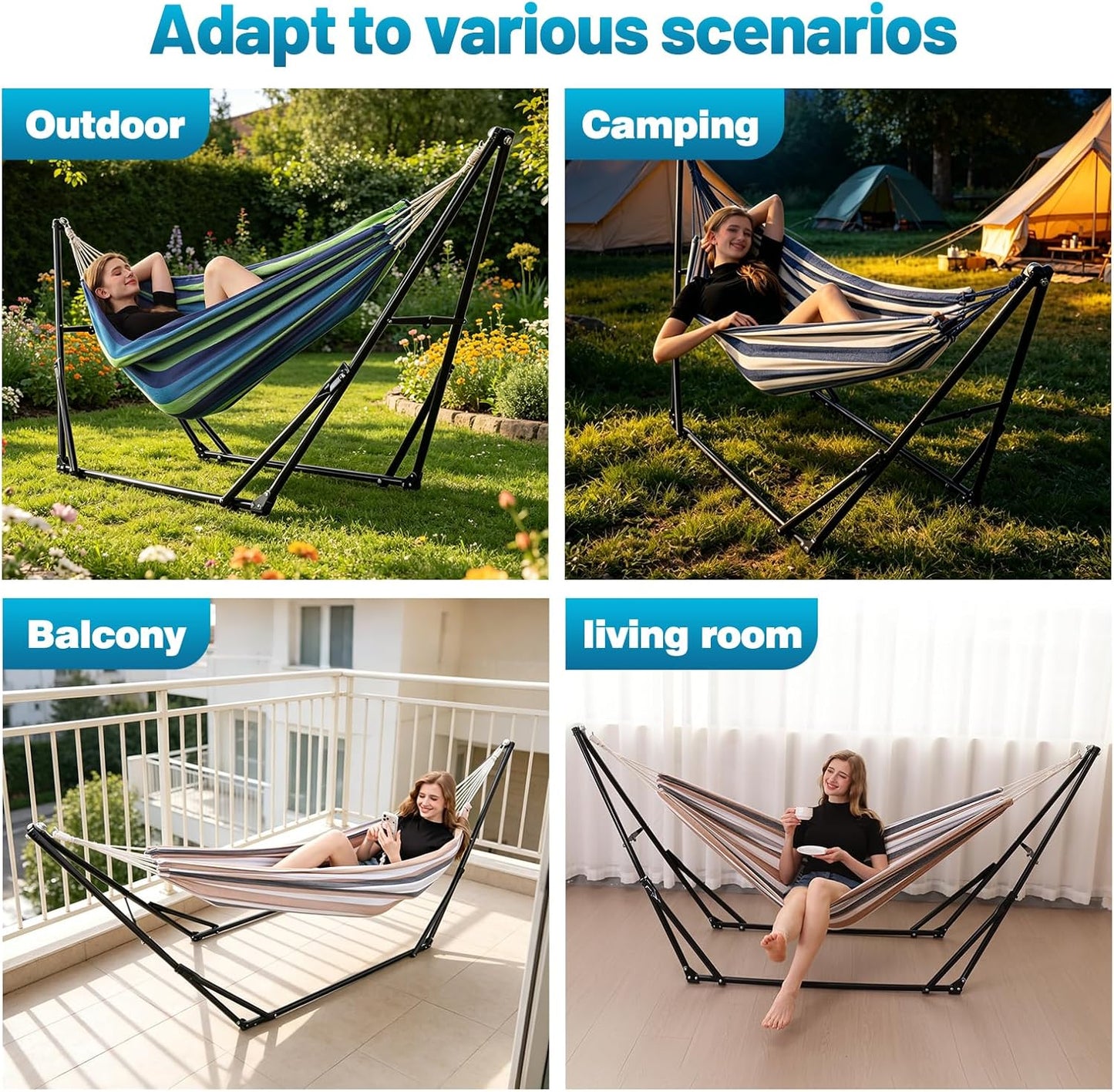 Portable Hammock with Stand for outside Foldable,Frabic Tension Adjustable Indoor,Carrying Bag Included, 616 Lbs Weight Capacity, Suitable Garden Yard Outdoor Inhouse Cyan