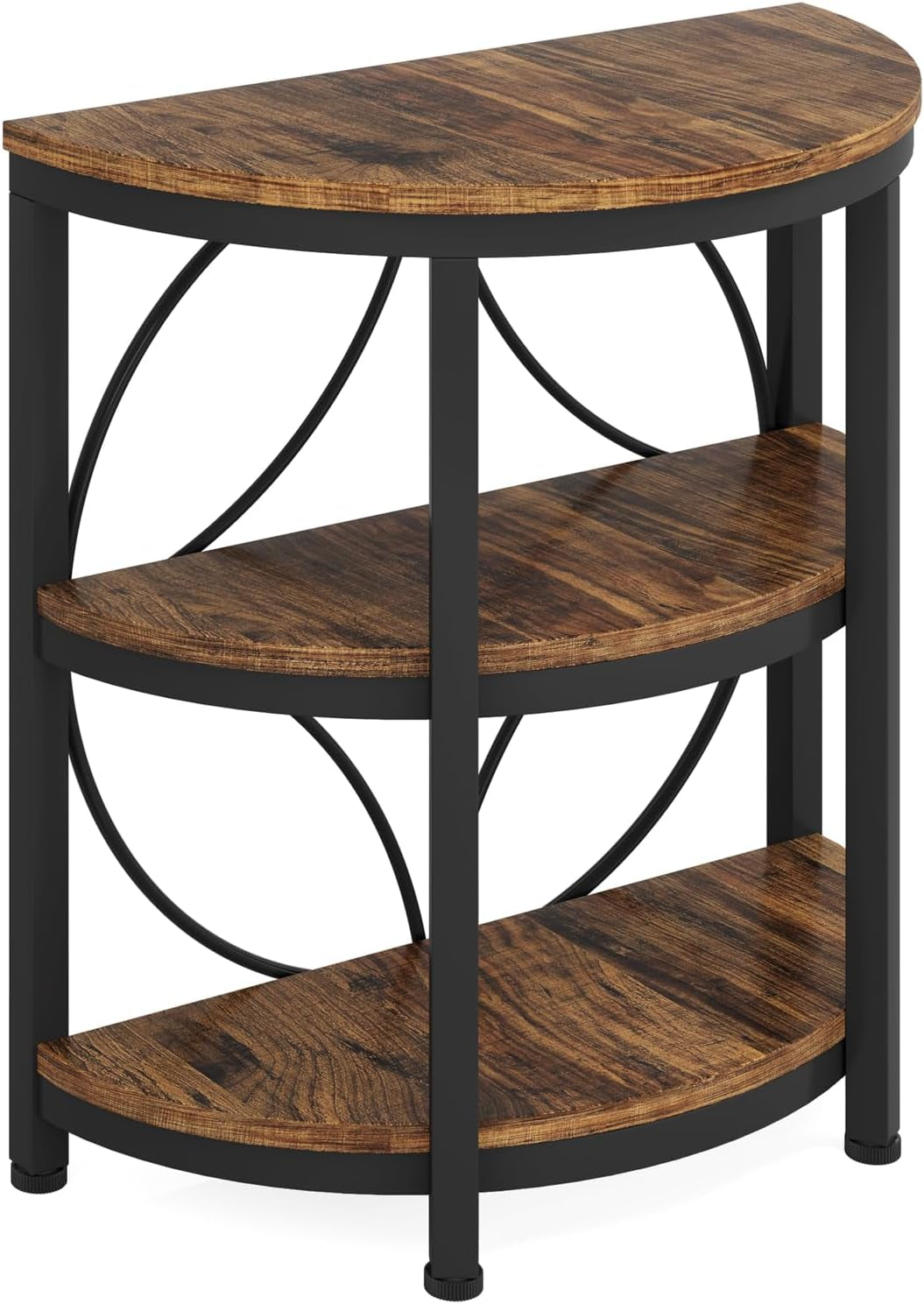 Half round End Table for Living Room, 3-Tier Half Side Table with Metal Frame, Industrial Half Moon Table with Storage Shelves, Half Circle Accent Table for Entryway, Bedroom, Rustic Brown