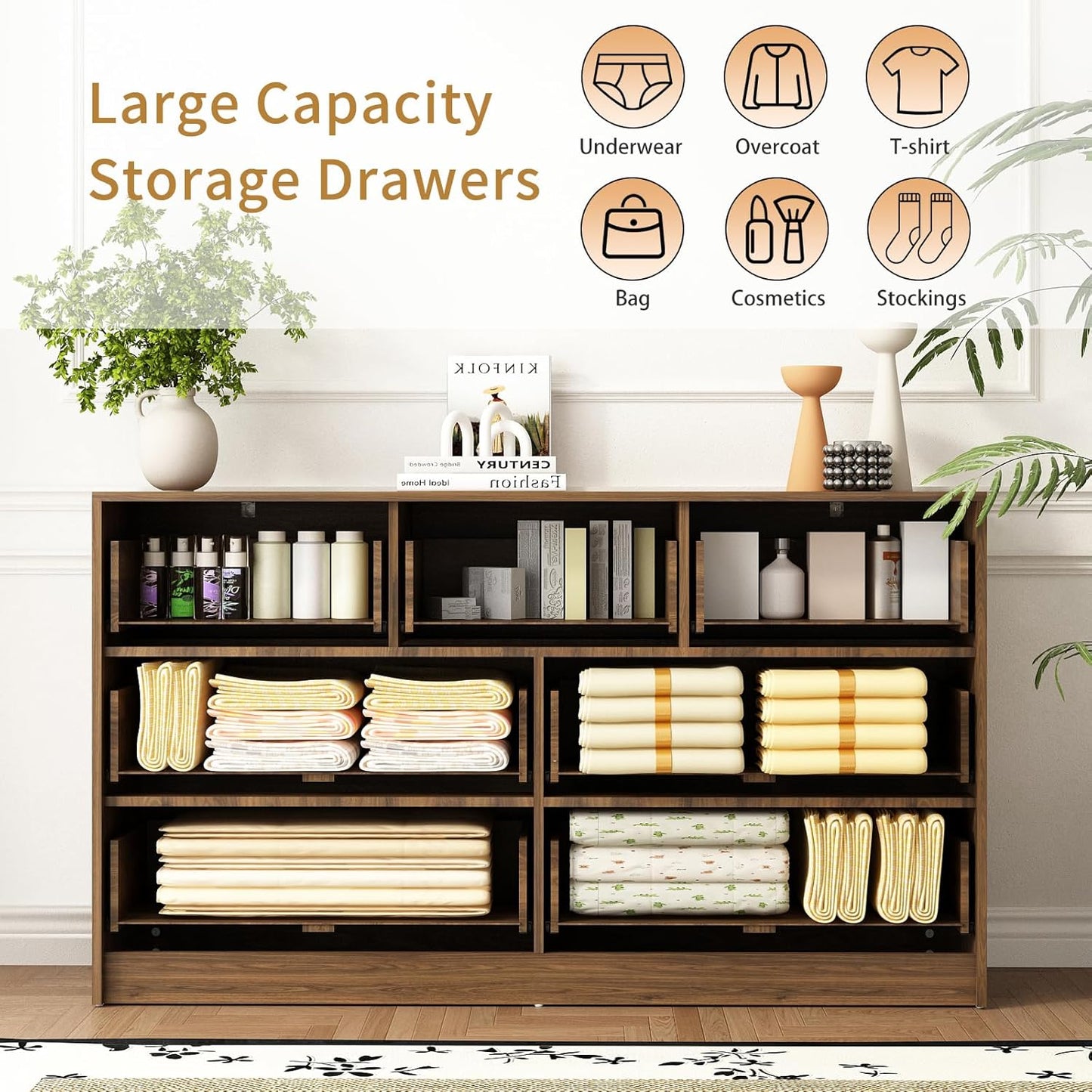 7 Drawer Dresser and Nightstand Sets for Bedroom, 3 Pcs Bedroom Set,Night Stand Set of 2 & 7 Drawer Dresser with Gold Handles, Wood Chest of Drawers Mid Century Storage Cabinet Set, Natural