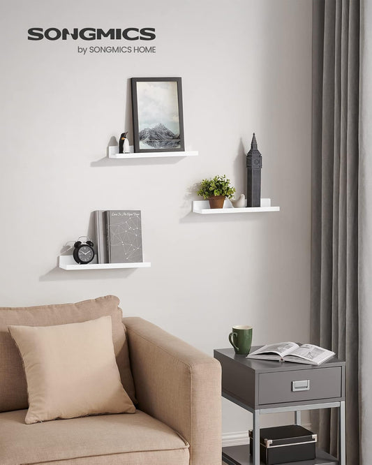 Floating Shelves, Set of 3 Wall Shelves, 15-Inch Wide, for Photo Frames and Trinkets, for Living Room, Home Office, Kitchen, Bathroom, White ULWS38WT