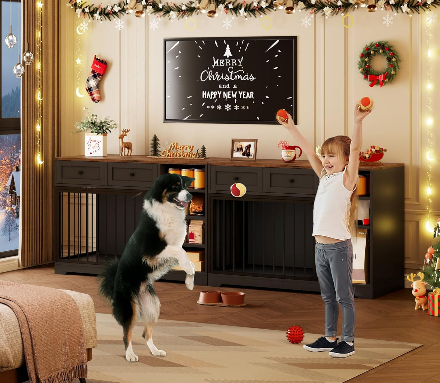 82” Large Dog Crate for 2 Dogs, Dog Kennel Indoor with 4 Drawers and Shelves, Double Dog Crate Furniture TV Stand, Wooden Dog Cage for Medium Large Dogs, Black