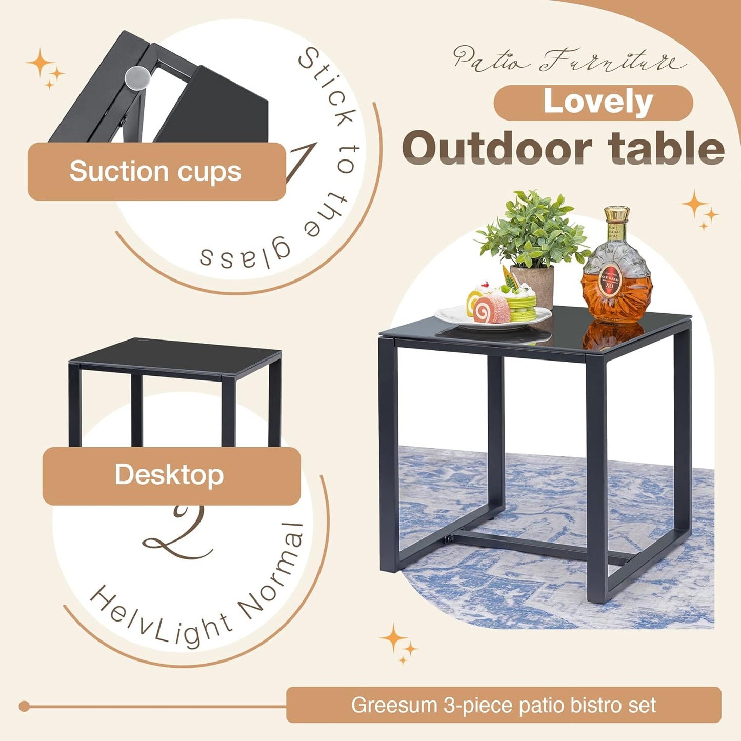 3 Pieces Outdoor Furniture Set Patio Bistro Rocking Chairs with Glass Coffee Table for Pool Beach Backyard Balcony Porch Deck Garden, Dark Black