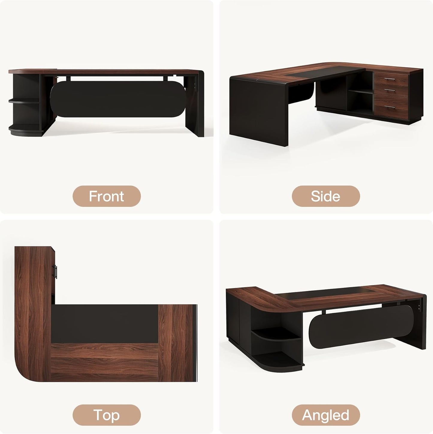 81'' L-Shaped Executive Desk, Large Commercial Office Desk with Drawers and File Cabinet, Walnut & Black Modern Professional Business Furniture Workstations with Storage Shelves