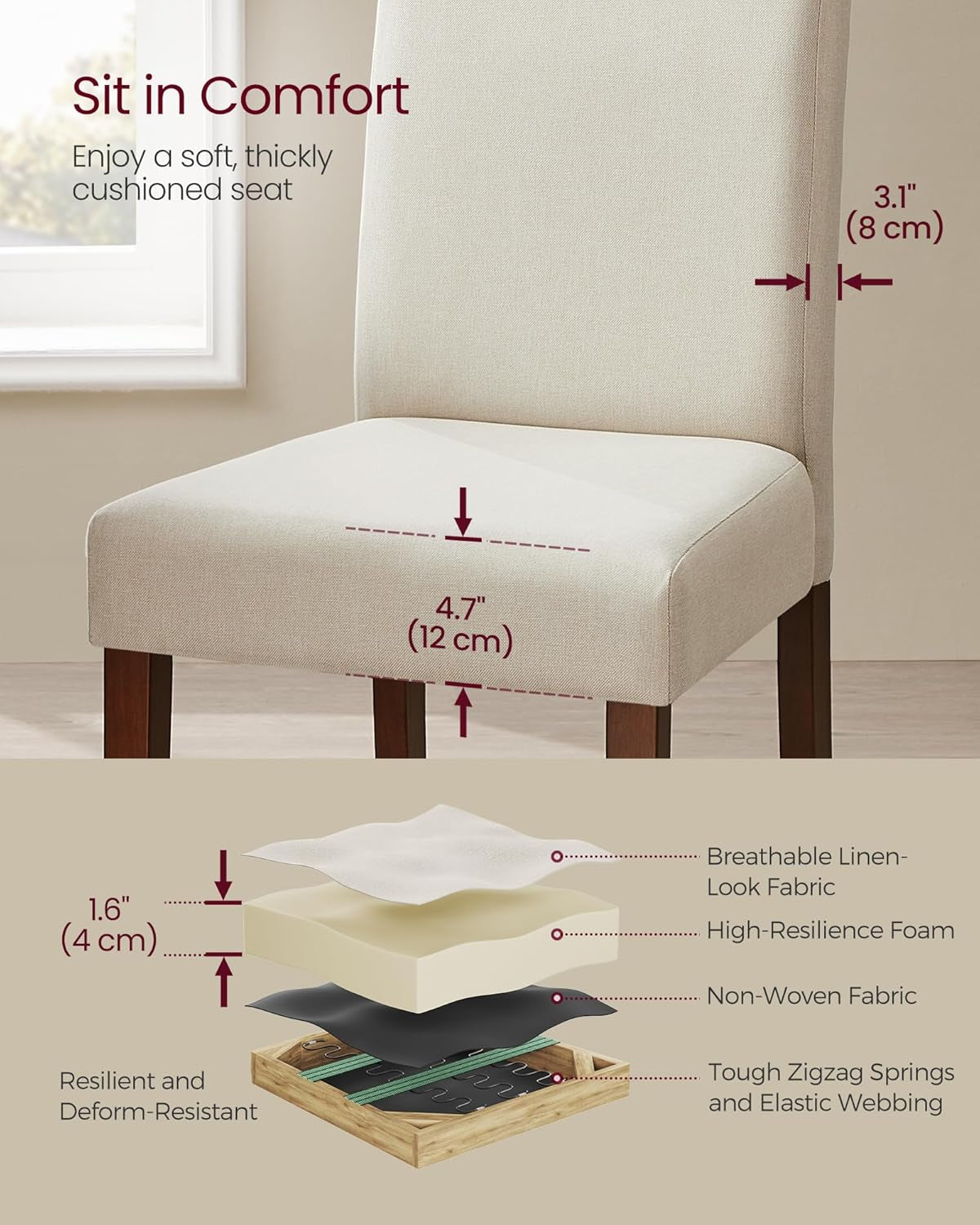 Dining Chairs, Parsons Chairs with Removable Fabric Cover, High Back, for Dining Room Kitchen, Set of 4, Thick Seat, 22.8 X 18.9 X 39.4 Inches, Cream White UKDC152W14