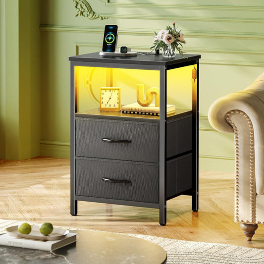 Night Stand with Charger Station and LED Lights, 2 Drawer Nightstand, Bed Side Table with Open Shelf, End Table, Fabric Dresser for Bedroom, Black