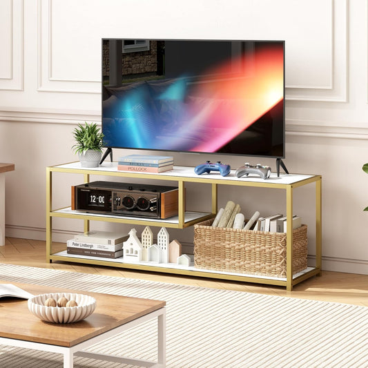 TV Stand for Tvs up to 55 Inch, 3 Tier Entertainment Center, Media Console with Open Storage Shelves for Living Room Bedroom, 47” Modern TV Table with Faux Marble Top Gold Metal Leg