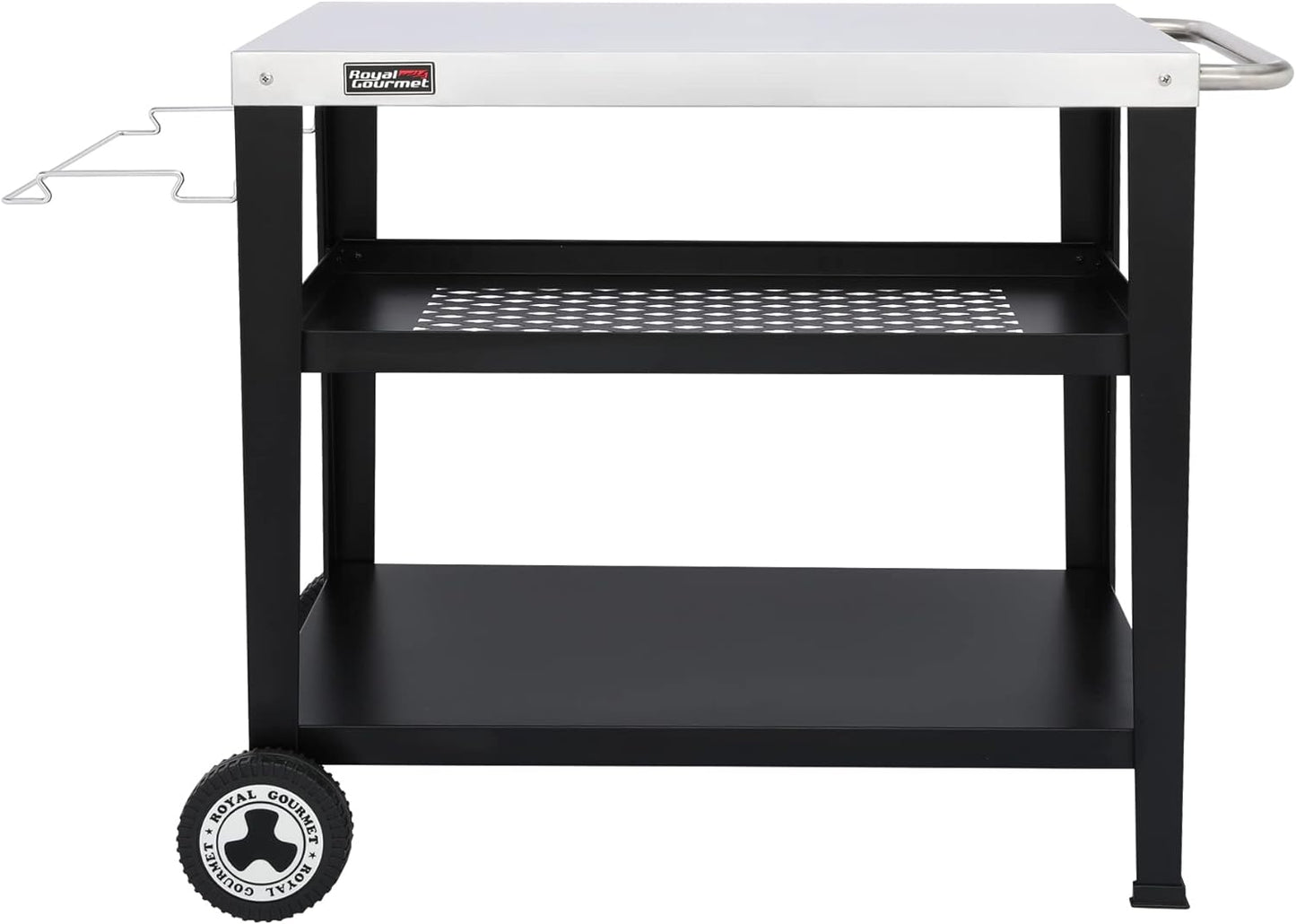 PC3404S Rolling Dining Table with Trash Bag Holder, Outdoor Garden Patio BBQ Kitchen Food Prep Table Cart, 34"L X 20"W Stainless Steel Tabletop, Silver & Black