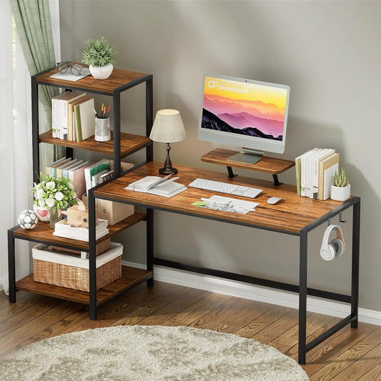 Computer Desk 58 Inch with Printer Shelf, Reversible Office Desk with Monitor Stand and 2 Hooks, Home Workstation for Study Writing Working Gaming, Brown