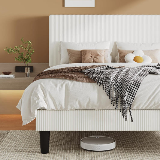 Full Size Upholstered Bed Frame with Vertical Channel Tufted Headboard, Soft Corduroy Fabric Platform Bed, Strong Wooden Slats Support, Easy Assembly, No Box Spring Needed, White