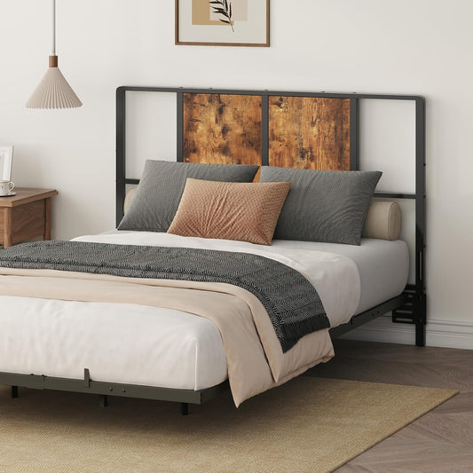 Twin Size Headboard Only, Metal Headboard with Adapters, Minimalist Industrial Style for Twin Size Beds, Rustic Brown and Black