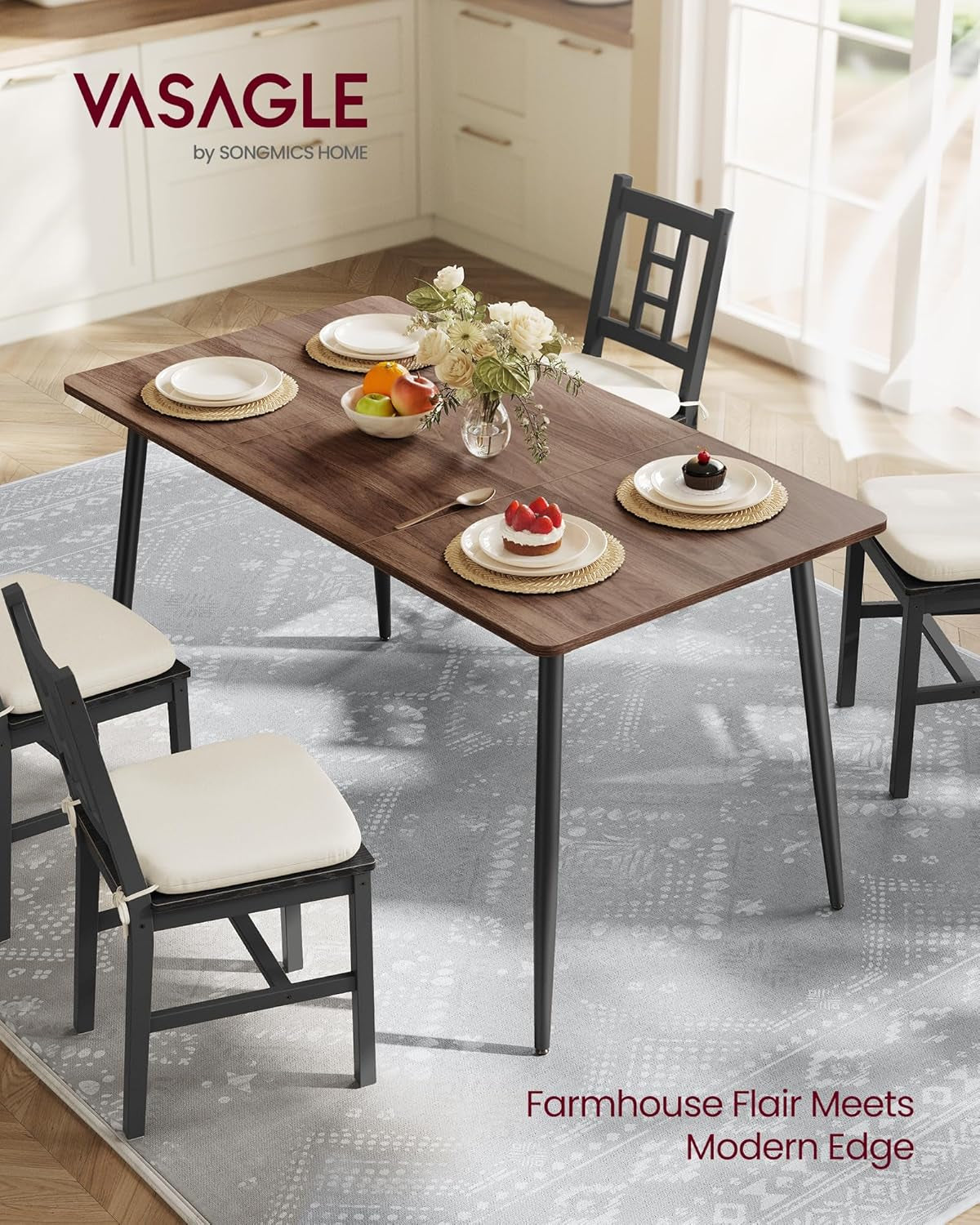Dining Table, Dining Room Table for 4-6 People, Modern Farmhouse, for Kitchen, Quick Assembly, Heat-Resistant Surface, 29.5 X 55.1 X 29.5 Inches, Natural Walnut and Ink Black UKDT100K02V1