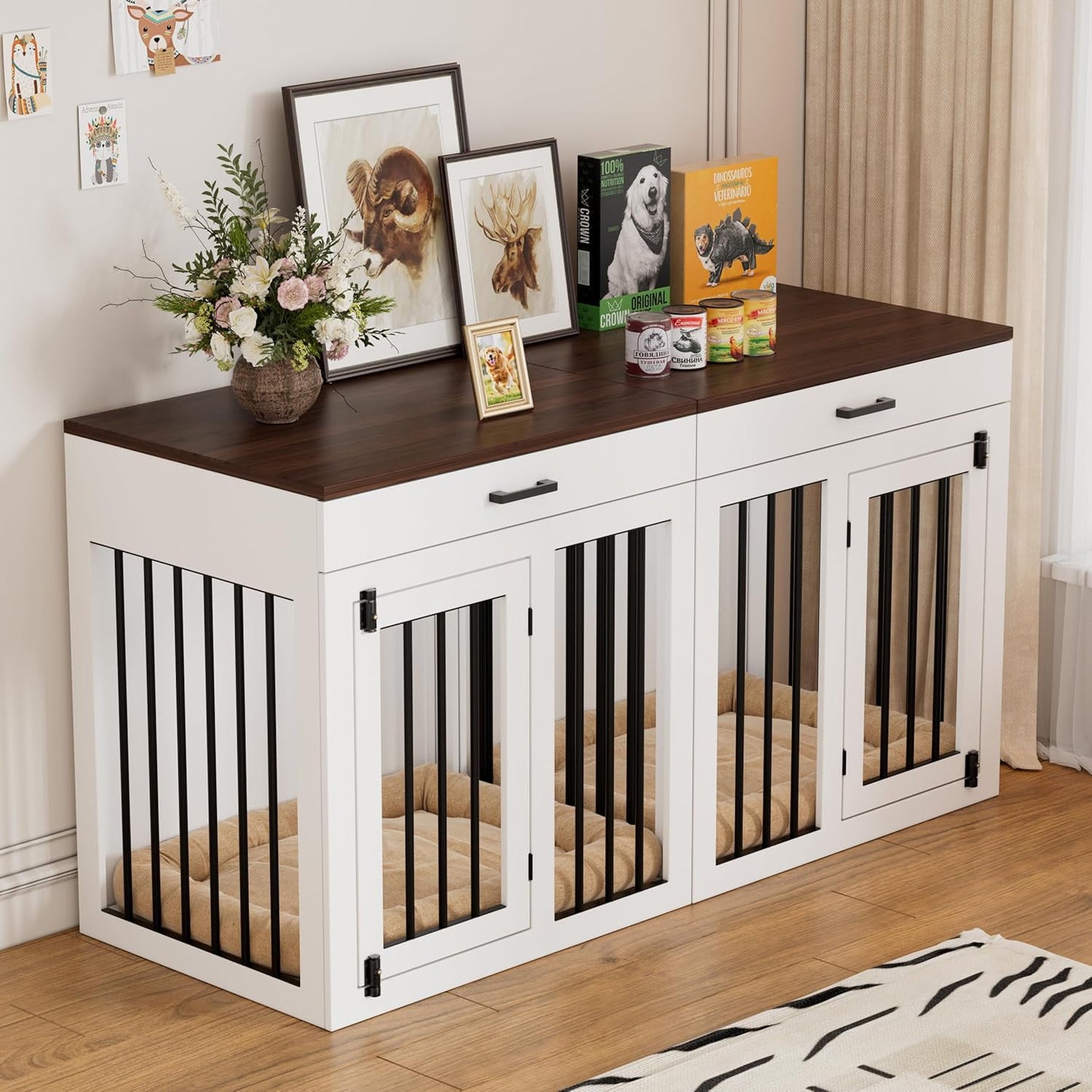 Extra large corner dog crate TV stand with drawers and power outlet, view 9