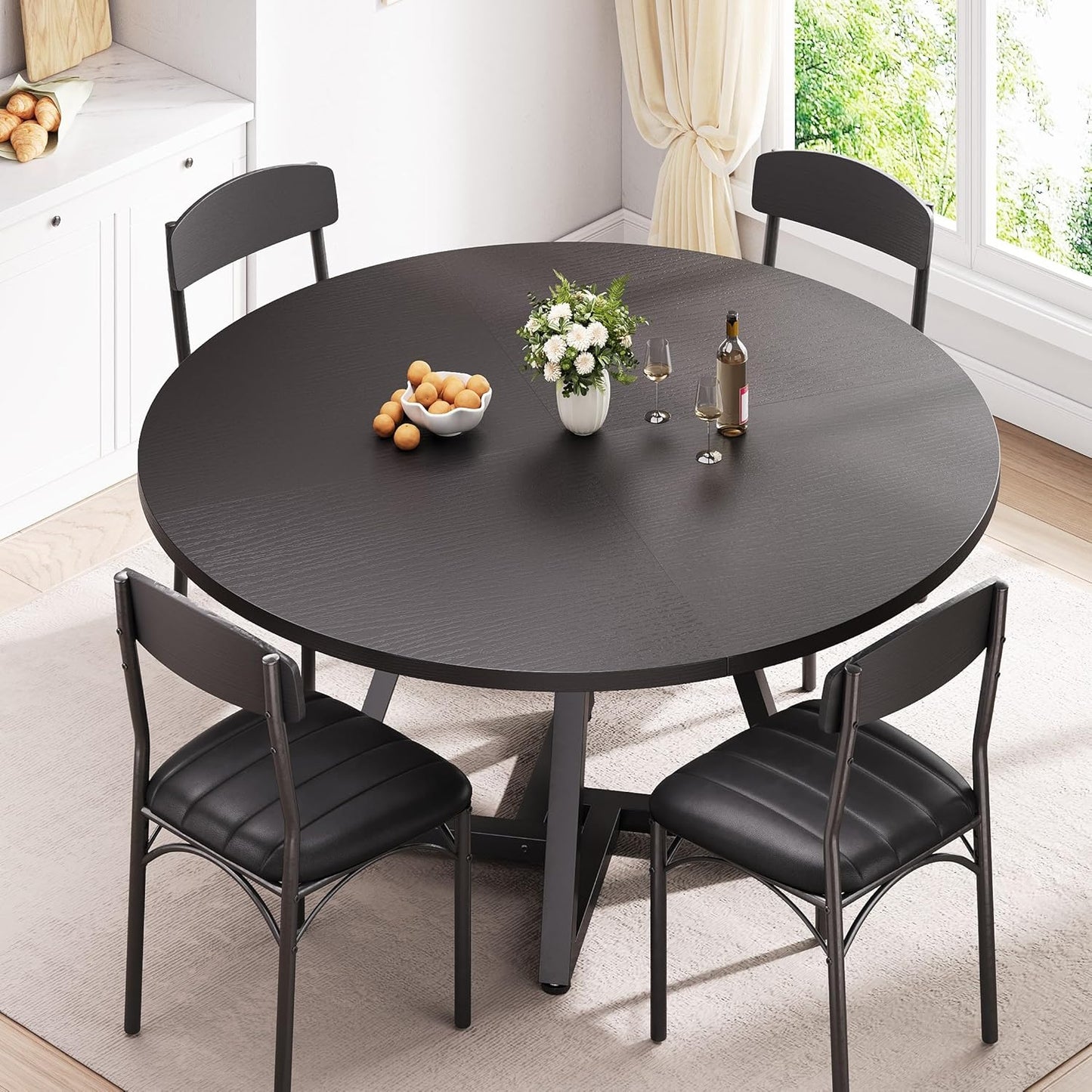 51“ round Kitchen Dining Room Table for 6-8, Circle Dining Dinner Table with Pedestal Metal Frame, Space Saving Wood Industrial Furniture for Small Space (Black, 51In)