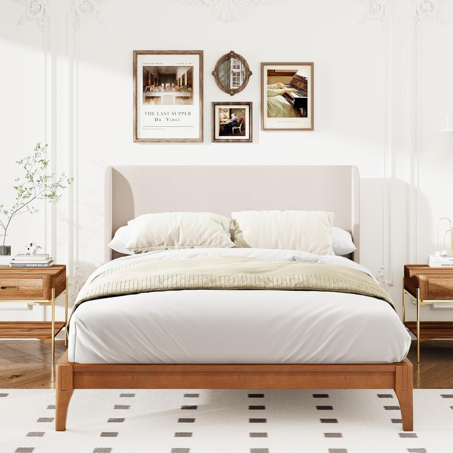Ceyety King Size Wingback High Headboard, Upholstered Linen Fabric Headboard, Bamboo Wood, Easy Assembly, 48''H, Tan