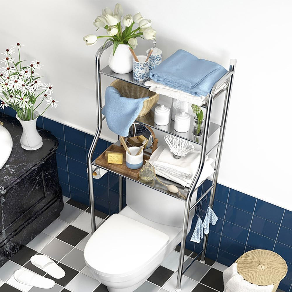 3-Tier over the Toilet Storage, Freestanding Metal Bathroom Shelves, above Toilet Storage Rack with Hooks and Paper Holder, Space-Saving, for Bathroom Restroom Laundry, Stainless Steel